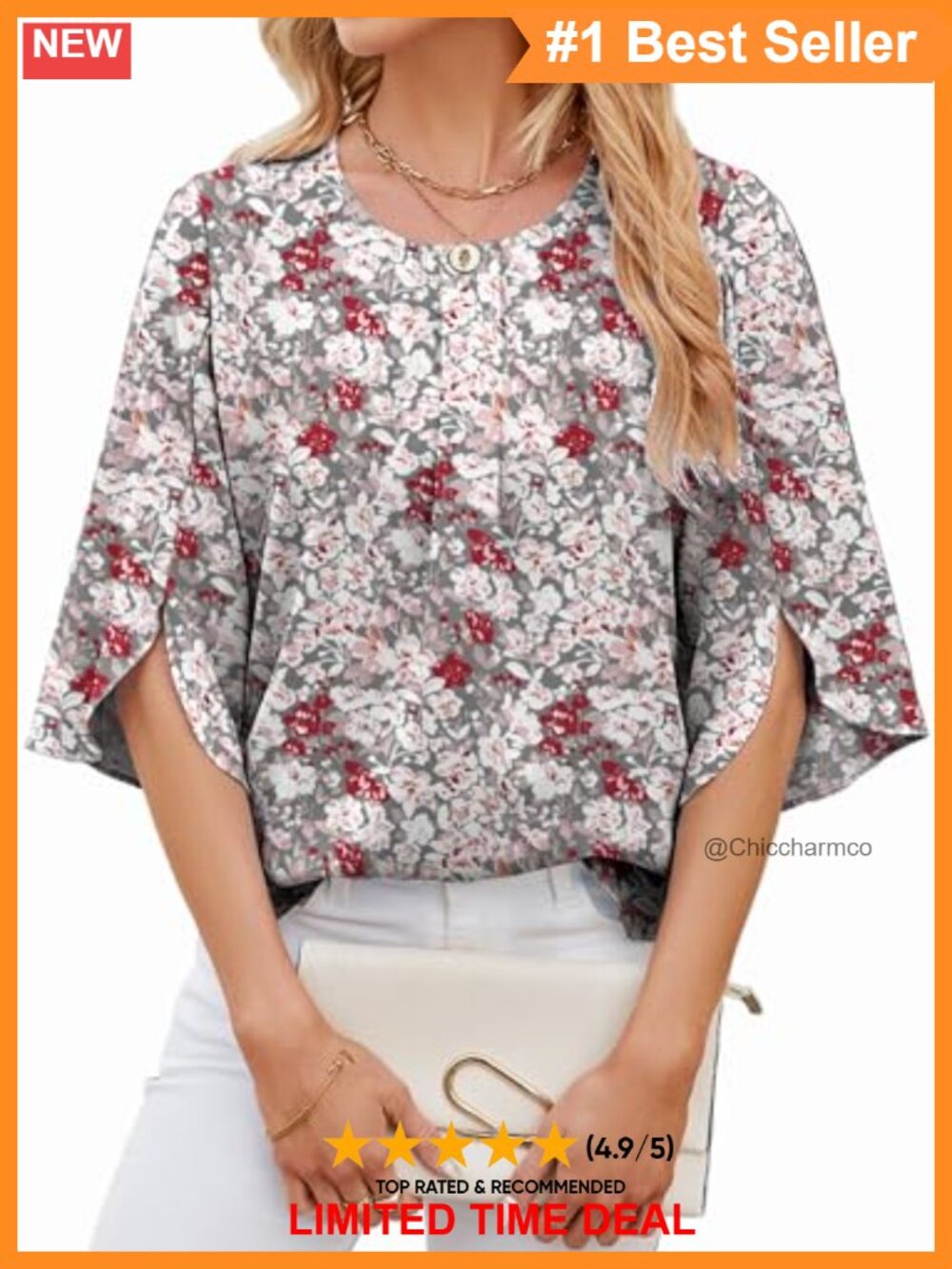 Chiffon Pleated Scoop Neck 3/4 Sleeve Blouse Office Work Tunic Top